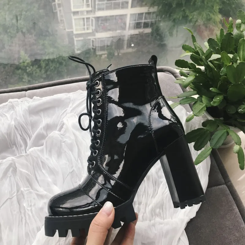 

New Autumn Women Shoes Comfort Platform Chunky Heel Patent Leather Ankle Boots Female Fashion Ankle Round Toe Lace up Booties