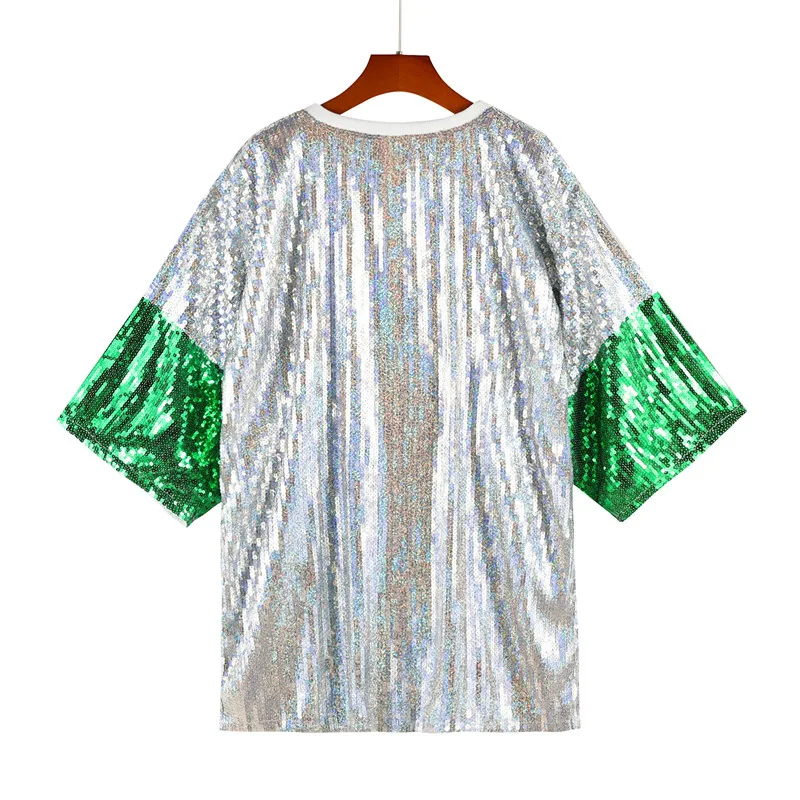 Summer New Fashion Sequined Women Lucky Grass Print Tops Simple Round Neck Lady Short Sleeved T-shirt