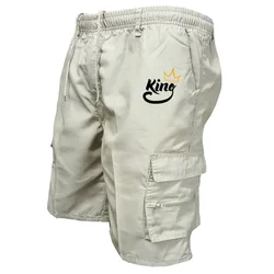 Men King Print Short Shorts Loose Beach Cargo Shorts and Hiking Shorts Overalls Men's Bottoms Drawstring Trousers