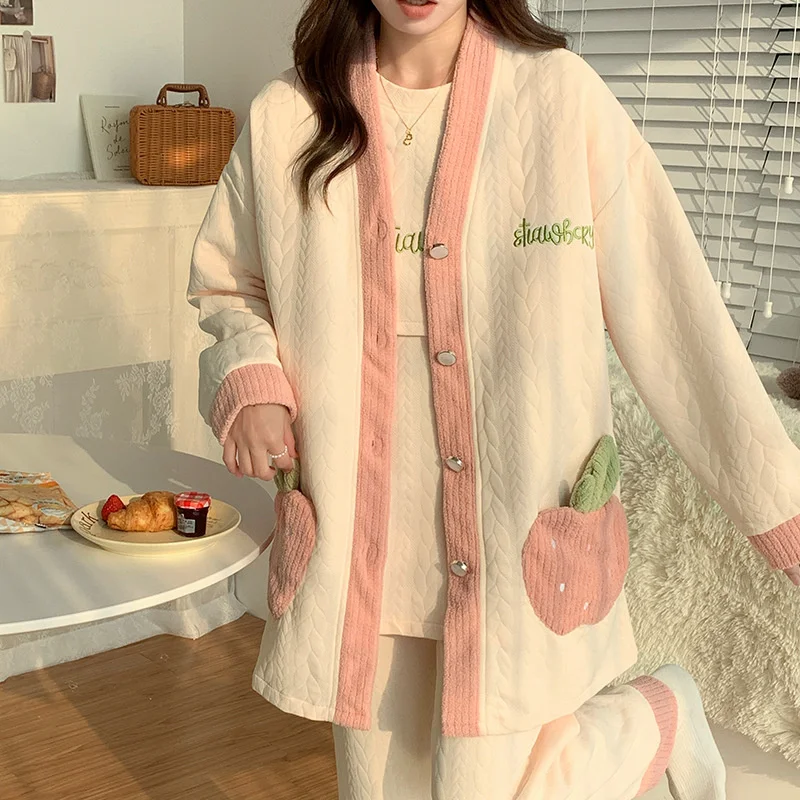 Spring Autumn Woman 3 Pieces Pajamas Sets Sleepwear  Long Pants Long Sleeved Cotton postpartum breastfeeding Home wear