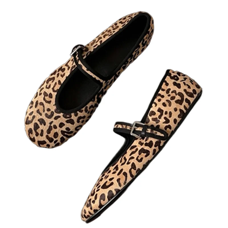 

Withered Minimalist Retro Leopard Print Mary Jane Shoes Flat Shoes French Elegant Sheepskin Soft And Comfortable Women's Shoes