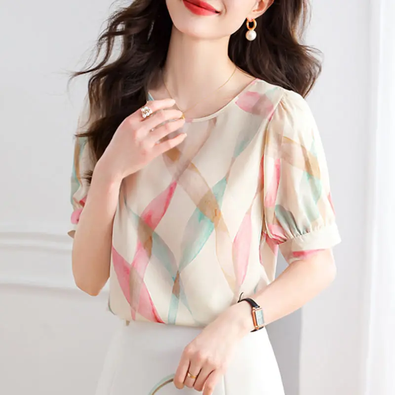 Women Summer Korean Fashion Loose Printing O-neck Short Sleeve Chiffon Shirts Women Clothes Casual All-match Appear Thin Top Tee