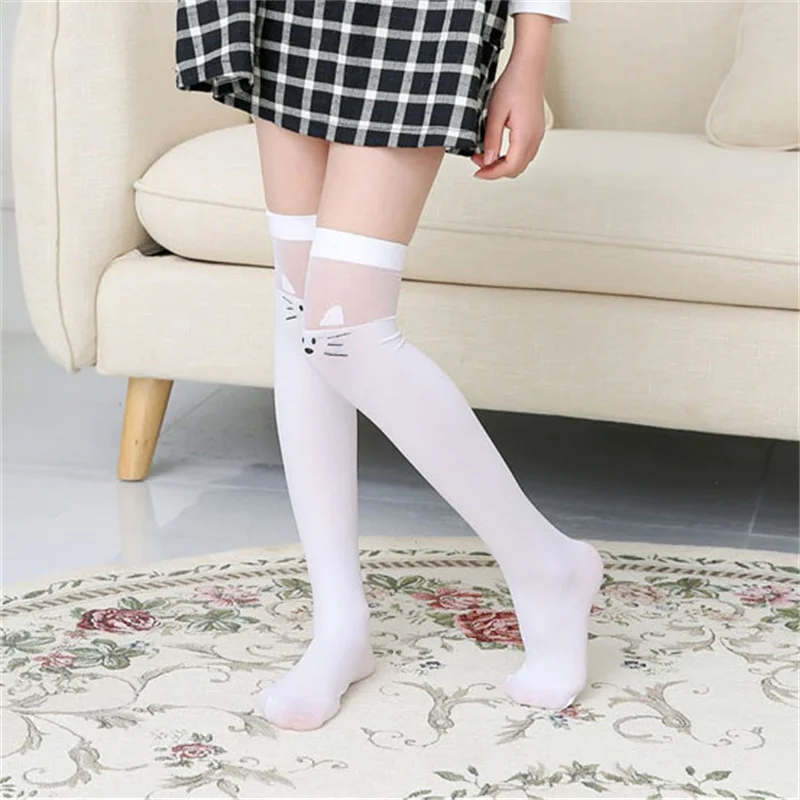 Summer Thin New Breathable Children Tube Socks Girls Over The Knee Girls Stockings Cat Half High Tube White