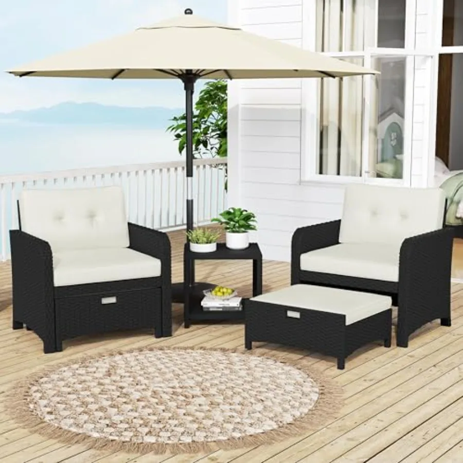 5 Piece Patio Conversation Set for Backyard, Porch, Garden: PE Wicker, Black/Beige, Weather-Resistant with Cushions Pillows