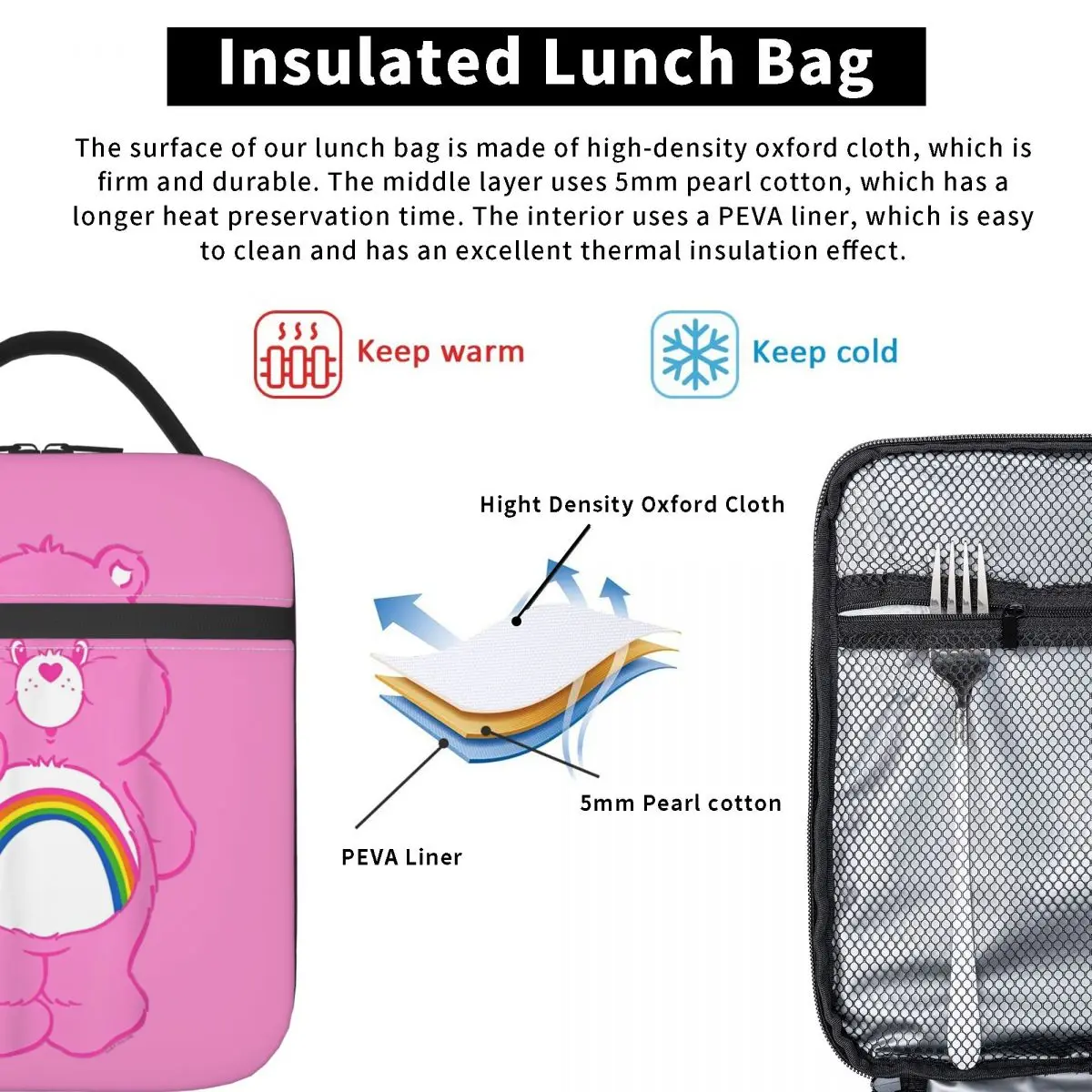 Care Bears Cheer Bear Rainbow Belly Badge Insulated Lunch Bags Large Meal Container Thermal Bag Tote Lunch Box Food Handbags