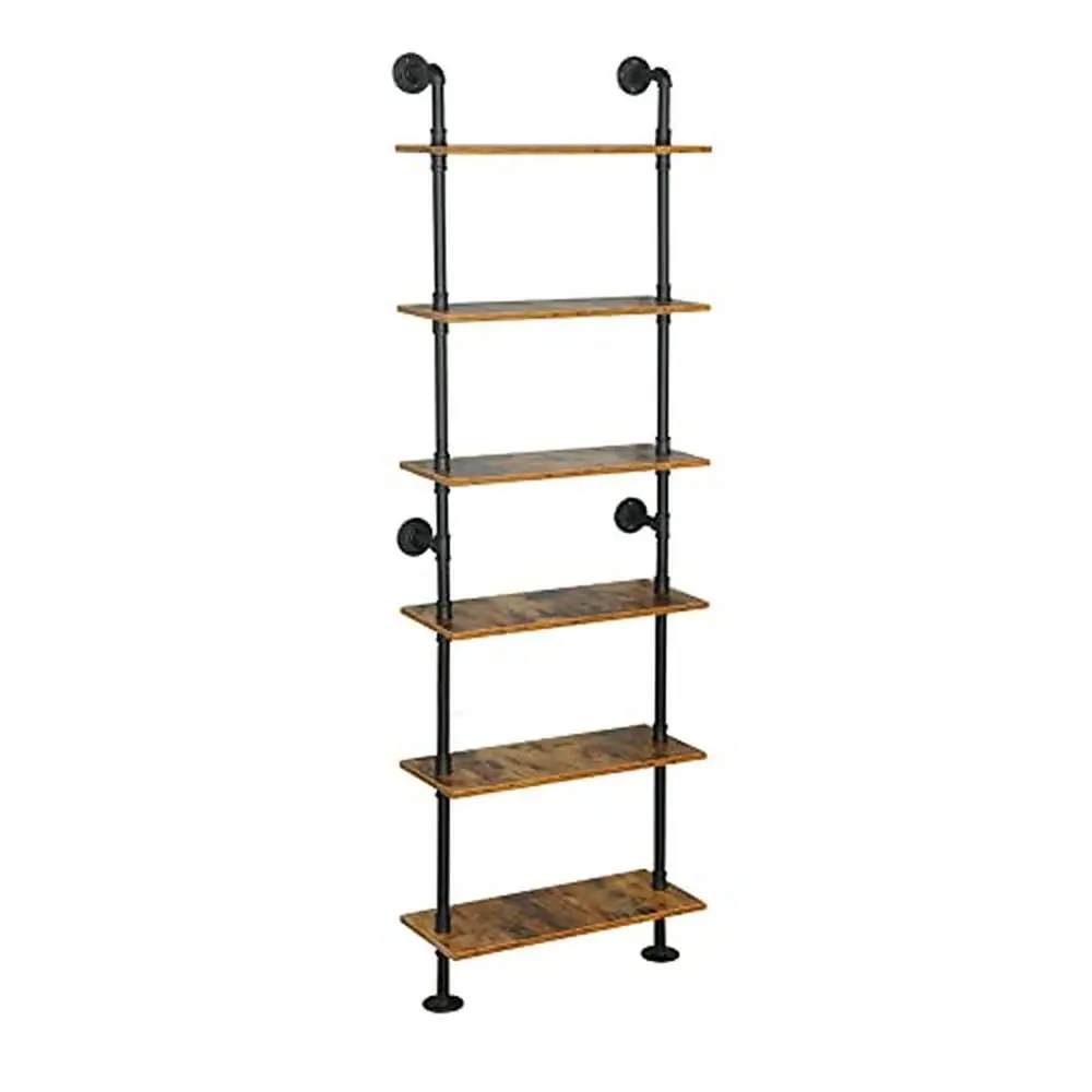 6-Tier Wall Mounted Pipe Shelves Bookcase Office Bedroom Industrial Pipe Shelving with Metal Frame Multifunctional Storage Shelf