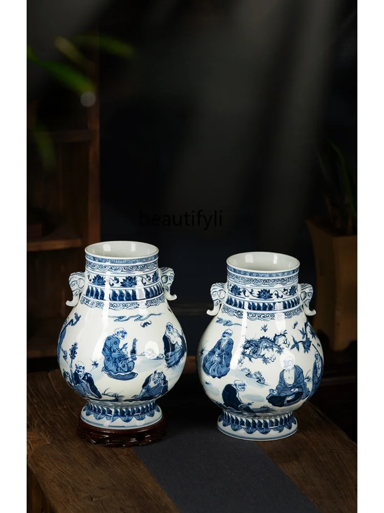 Ceramic Vase Hand Painted Blue and White Porcelain Antique the Eighteen Disciples of the Buddha PorcelainOrnaments Office Crafts