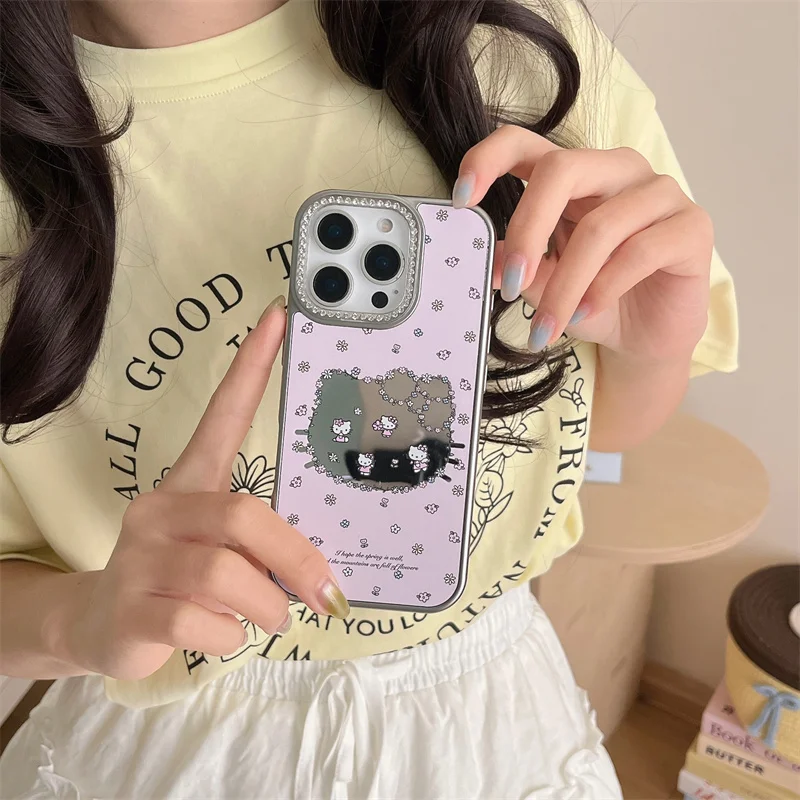 Cute Cartoon Hello Kitty Flower KT Make Up Mirror Girl's Phone Case For iPhone 13 14 15 16 Pro Max lens Diamond Glitte KT Cover