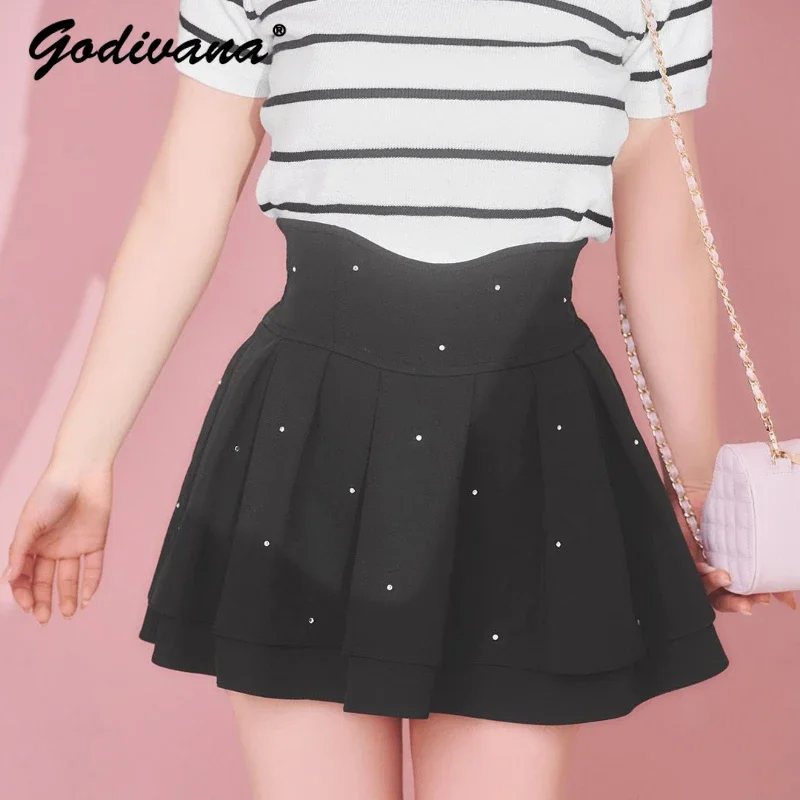 

Japanese Style Girls Radian Waist Rhinestone Shiny Slimming Black Skirt Culottes Spring Summer Women's Short Mini Skirt