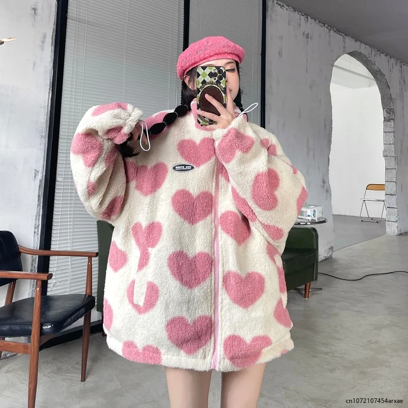 2023 Wear On Both Sides Thicked Lamb Wool Coats Autumn Winter Korean Loose Heart Print Jackets Harajuku Simple New Parkas Tops