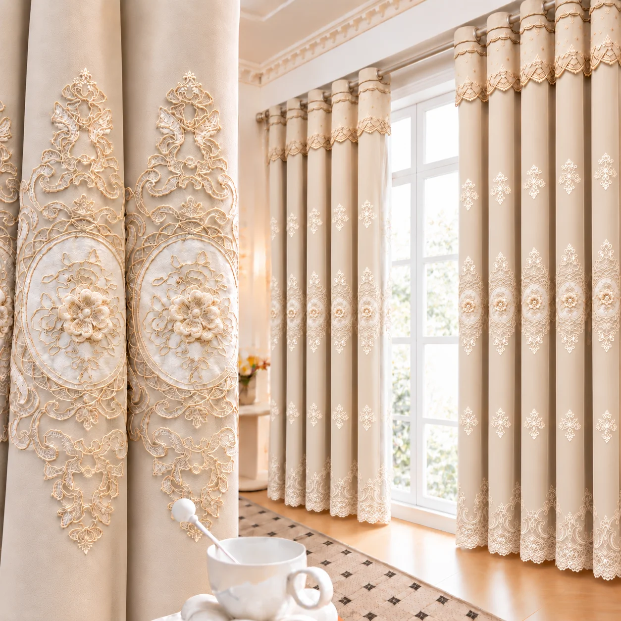 2pcs Luxury European-Style Double-Layer Embroidered Blackout Curtains, Heavyweight Beige Drapes with 3D Floral Appliques, Ornate Medallion Patterns, Lace Trim and Grommet Top for Bedroom and Living