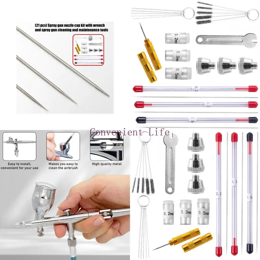

L1EE 21Pcs Airbrush Nozzle Caps Cleaning Kit with Steel Needle Brushes Wrench Maintenance Tool For Professional Use