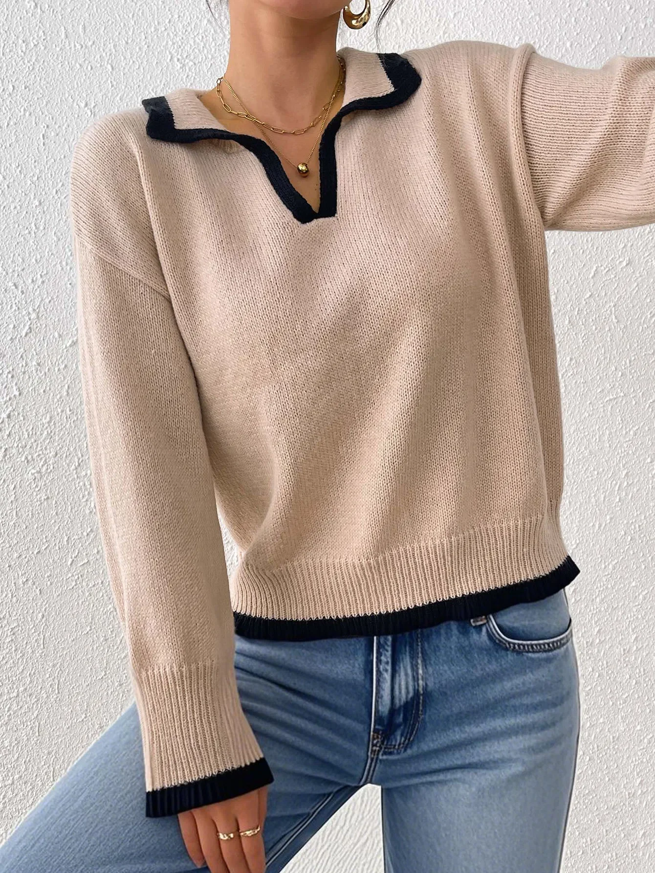 

Повседневный свободный элегантный свитер с контрастной розеткой, женские топы, женские повседневные поло с лацканами