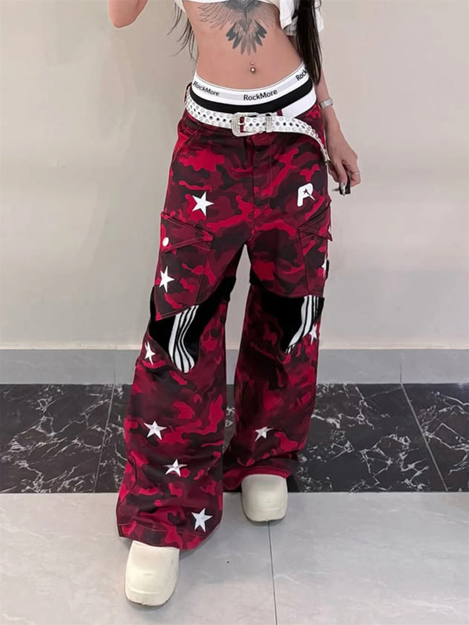 

Women's High Waisted Baggy Wide Leg Cargo Pants Red Camouflage Star Patch Stripe Panel Y2K Streetwear Casual Pants