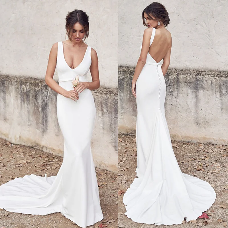 

Sexy Deep V Neck Satin Mermaid Wedding Dresses For Women Backless Sleeveless Bridal Gown Party Dresses vestidos de novia