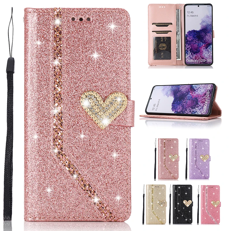 Shiny Case For Samsung Galaxy S24 Plus S23 S22 S21 FE S20 Ultar S10 A12 A13 A14 A52 A53 A34 A54 A73 Wallet Flip Leather Case