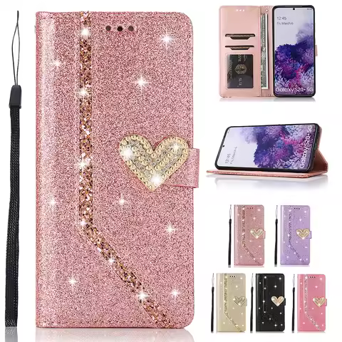 Shiny Case For Samsung Galaxy S24 Plus S23 S22 S21 FE S20 Ultar S10 A12 A13 A14 A52 A53 A34 A54 A73 Wallet Flip Leather Case