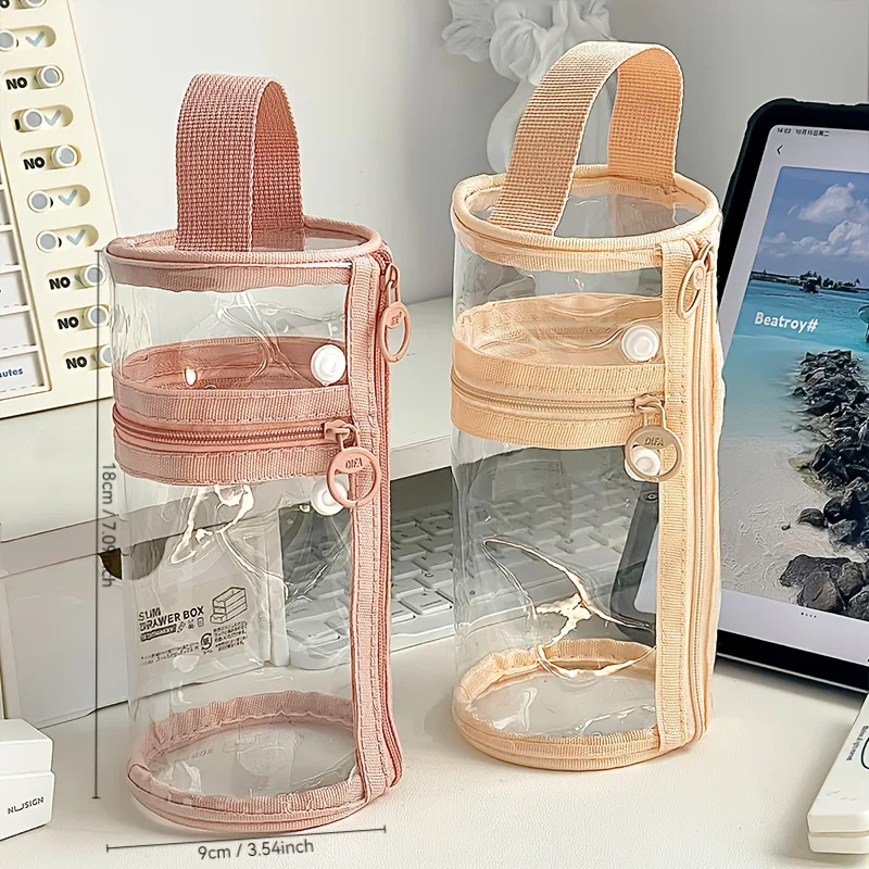 Cylinder Pencil Bag Plus Lanyard Desktop Pen Holder Mesh Yarn Student Transparent Large-capacity Waterproof Stationery Box
