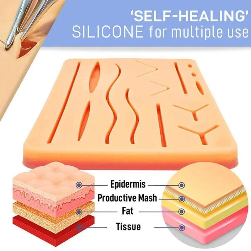 مجموعة أدوات التدريب على خياطة الجلد الطبية، نموذج الممارسة الجراحية، وسادة تدريب من السيليكون، مقص إبرة، مجموعة الموارد التعليمية