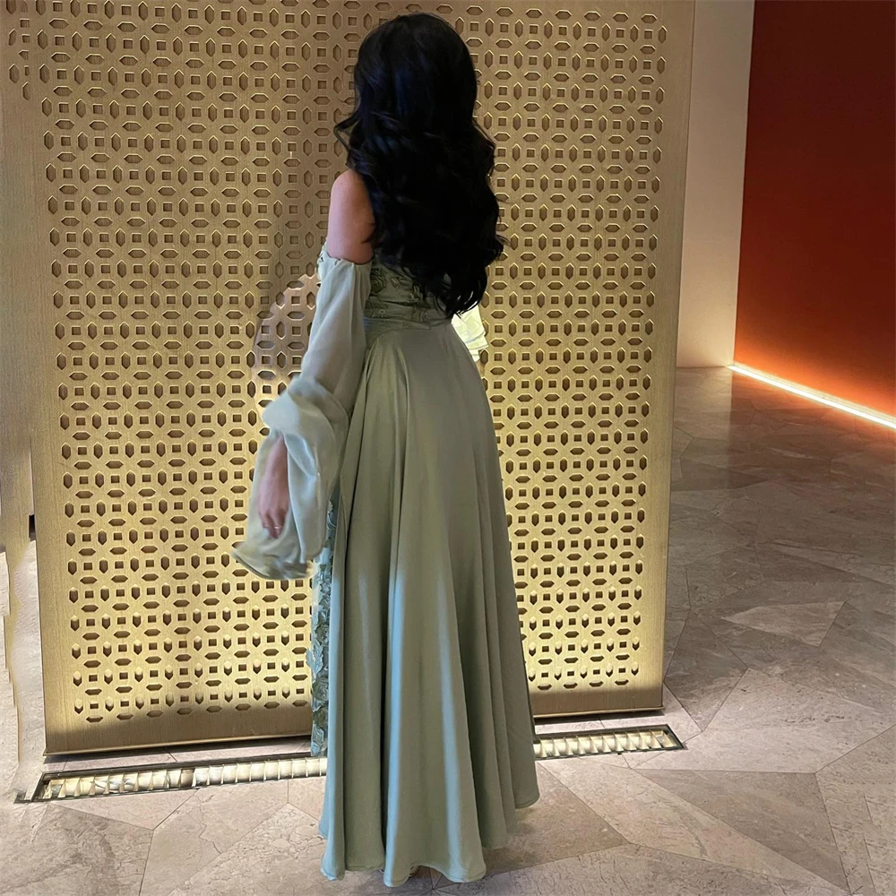 Tarot Green Dubai Appliques Chiffon Prom Dresses A Line Sweetheart Long Bell Sleeves Evening Gowns 2024 Fashion robes de soirée