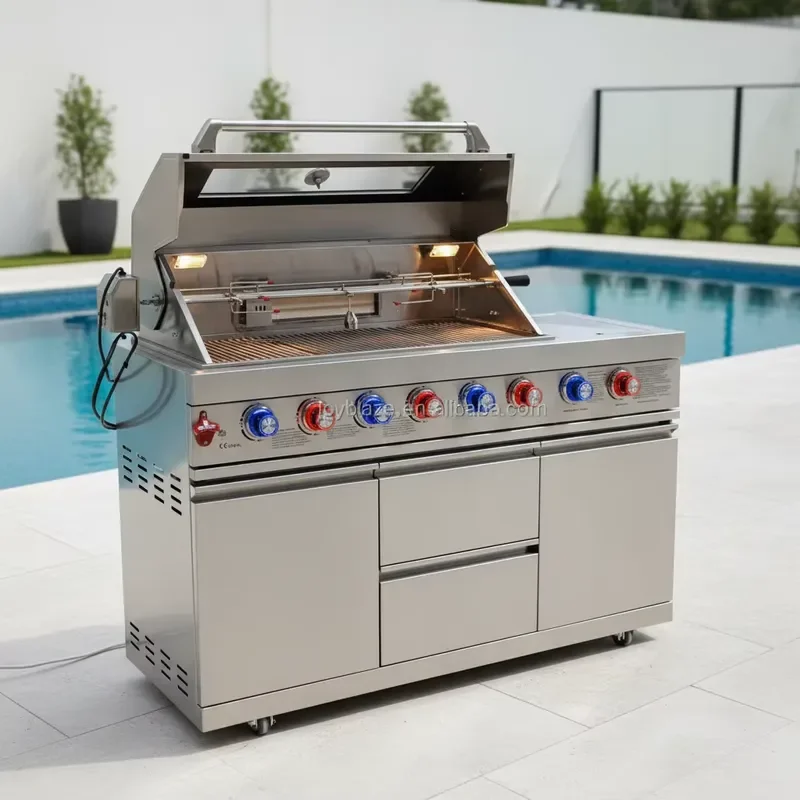 304 Stainless Steel Modern BBQ Grill Modular Outdoor Kitchen 8 Burners Side Burner Rotisserie Kit 103x51cm