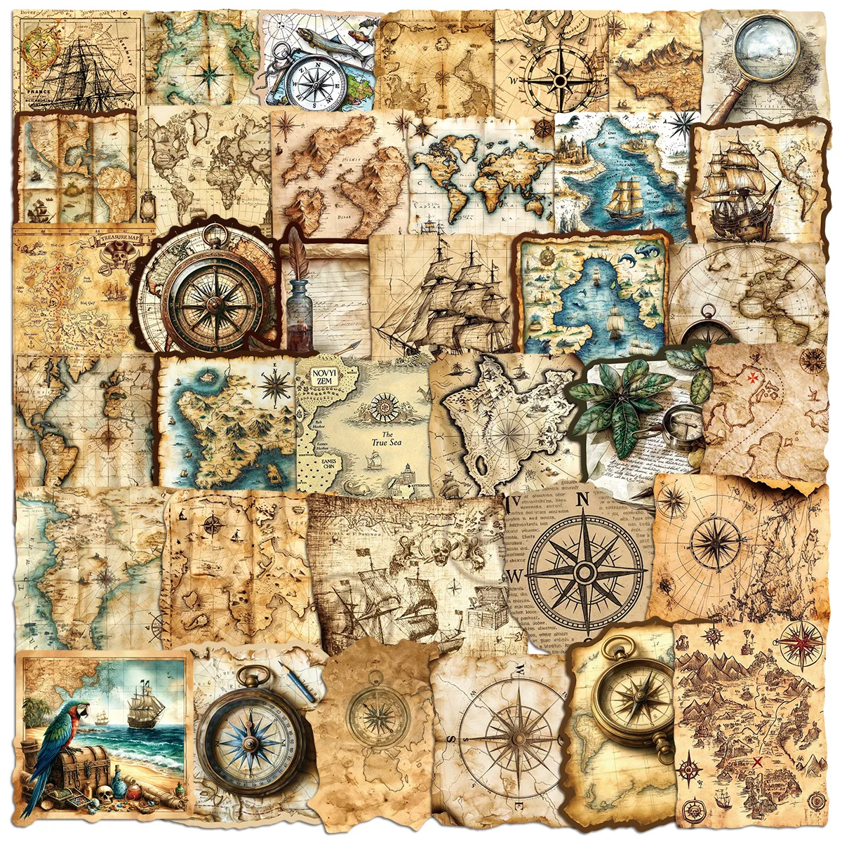 

50PCS Retro Adventure Map Sticker Graffiti Compass Treasure Map Decorative Phone Case Guitar Luggage Waterproof Sticker Kids Toy