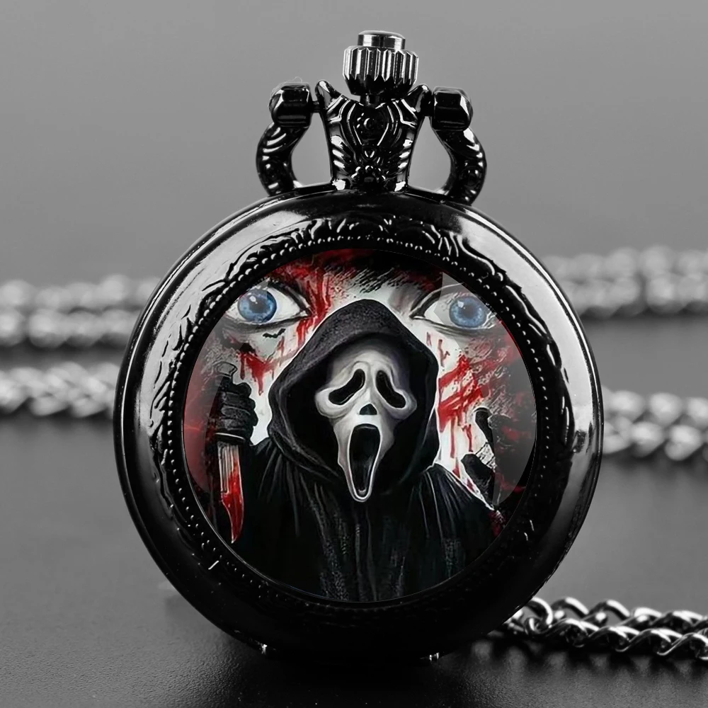 Orologio da tasca al quarzo nero con cupola in vetro Scream Ghost con quadrante con numeri arabi e catena resistente, regalo retrò per uomo e donna