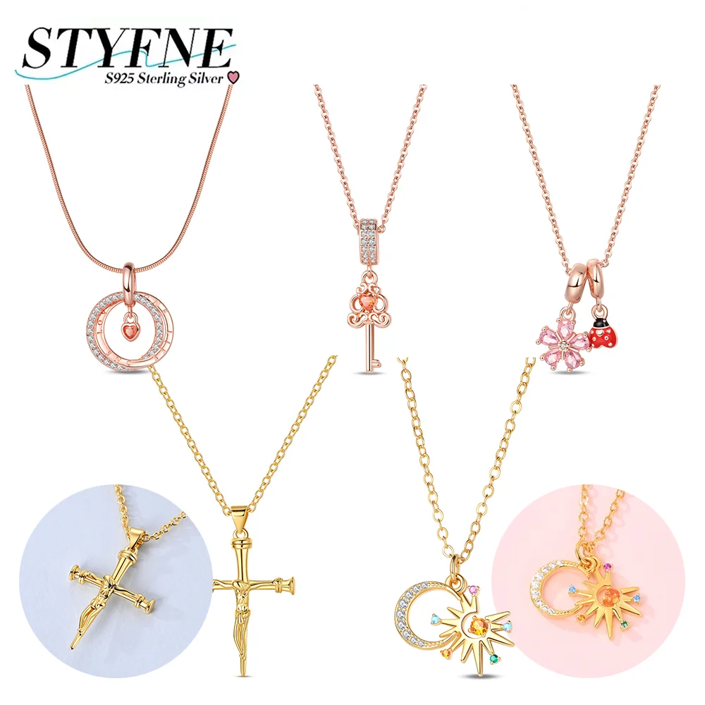 

New Original 925 Silver Gold Cross Light Moon Necklace Zircon Flower Key Necklace for Women's Birthday Anniversary Jewelry Gifts