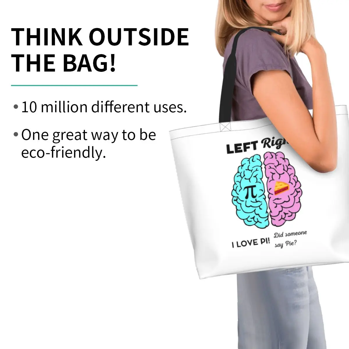 Left Right Brain Hemisphere Pi Pie Math Joke Shopping Tote Bag Canvas Shoulder Bags Shopper Grocery Handbag for Women