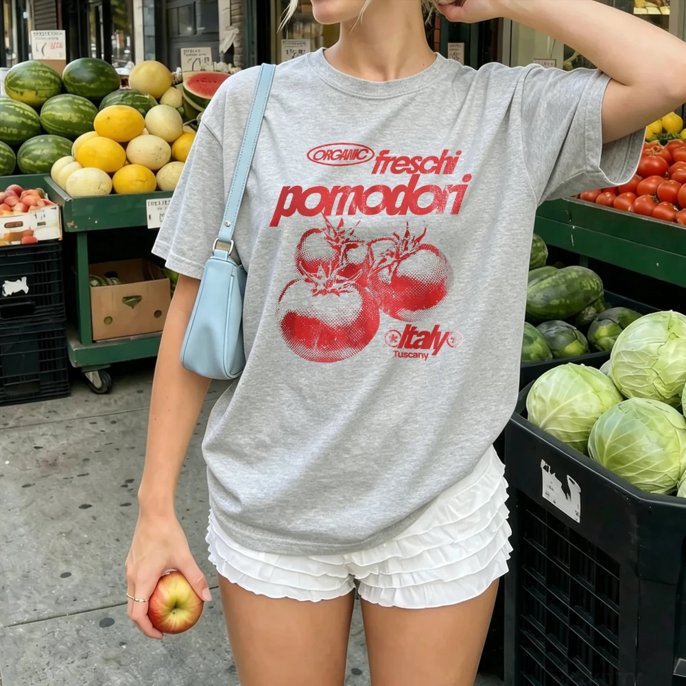 Women Tshirt Organic Freschi Pomodori Italy Distressed Red Tomato Stamp Print Cotton Italian Farm Fresh Vegetable Streetwear Top
