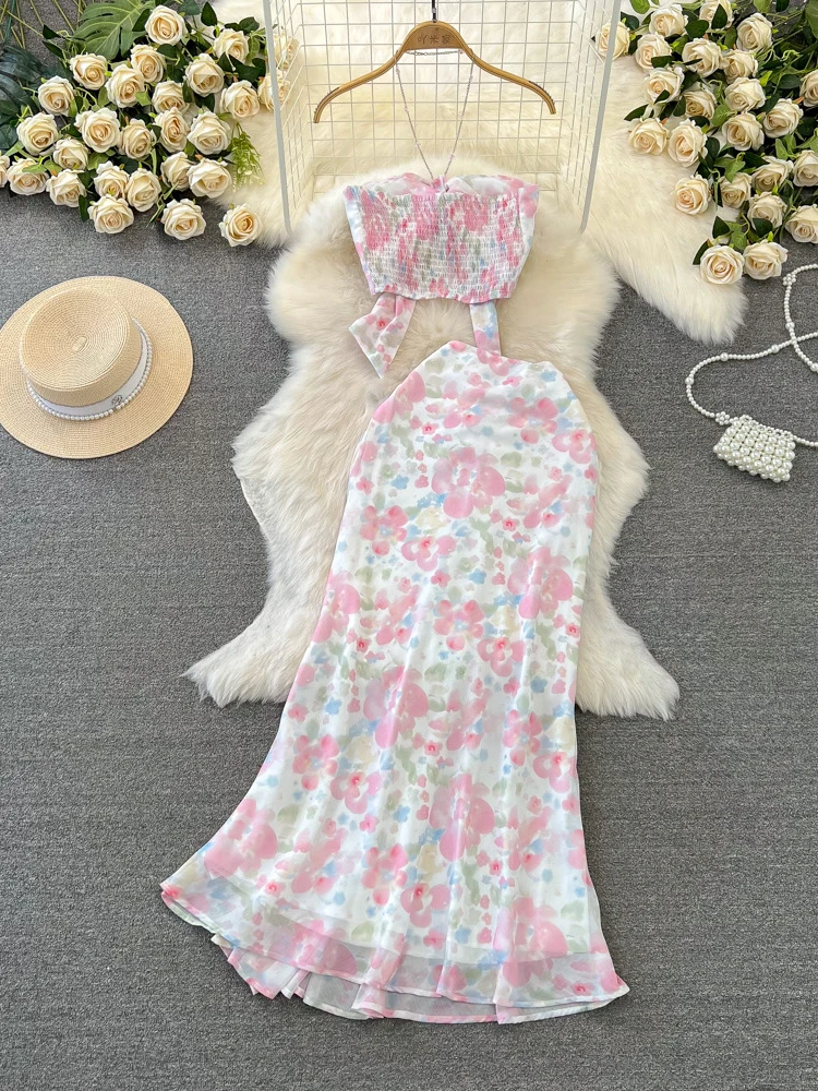 Women Sexy Beach Two Piece Set Summer Strapless Vest Tank Top High Waisted Fishtail Floral Chiffon Skirt Boho Printed Suits