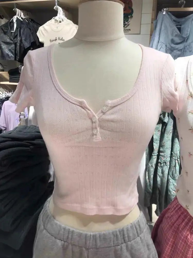 

Vintage Hollow out Button Women's T-irt Sweet round Ne Pink Casual Comfortable Cotton Top for Ladies