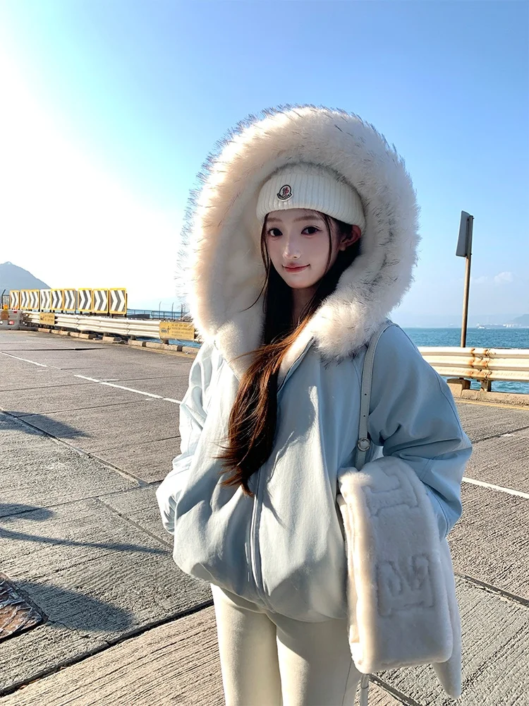 

Acaine Blue Detachable Fur Collar Hooded Jaet Women's Winter Top Glacial Snow Velvet Casual Sle Long Sve Zipper Coat