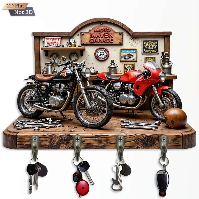 2D， Vintage Motorcycle Garage - Wooden Multi functional Decorative Keychain with Four Metal Hooks for Four Seasons Home Decor