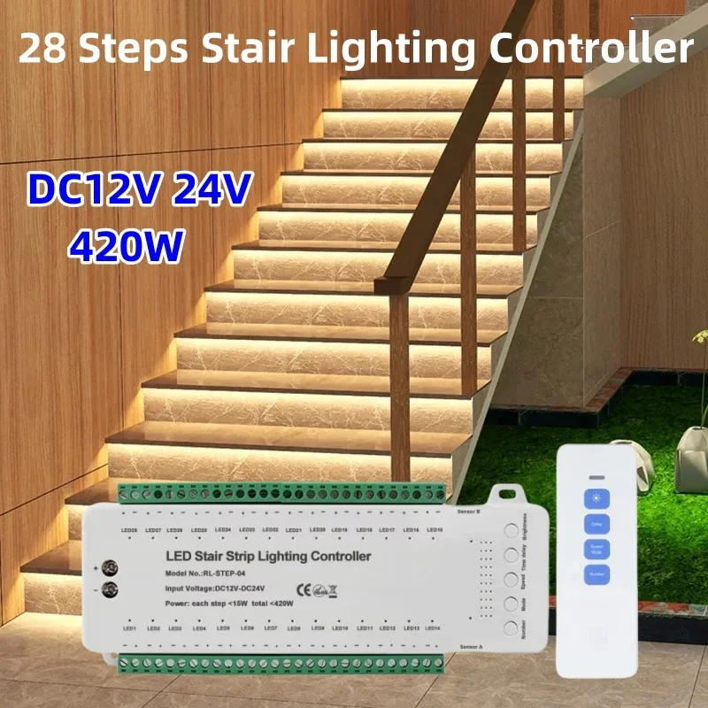 28 Steps Stair Lighting Controller with PIR Motion Sensor 28 Channels Stair Led Strip Dimmer Home Staircase PIR Inductive Switch