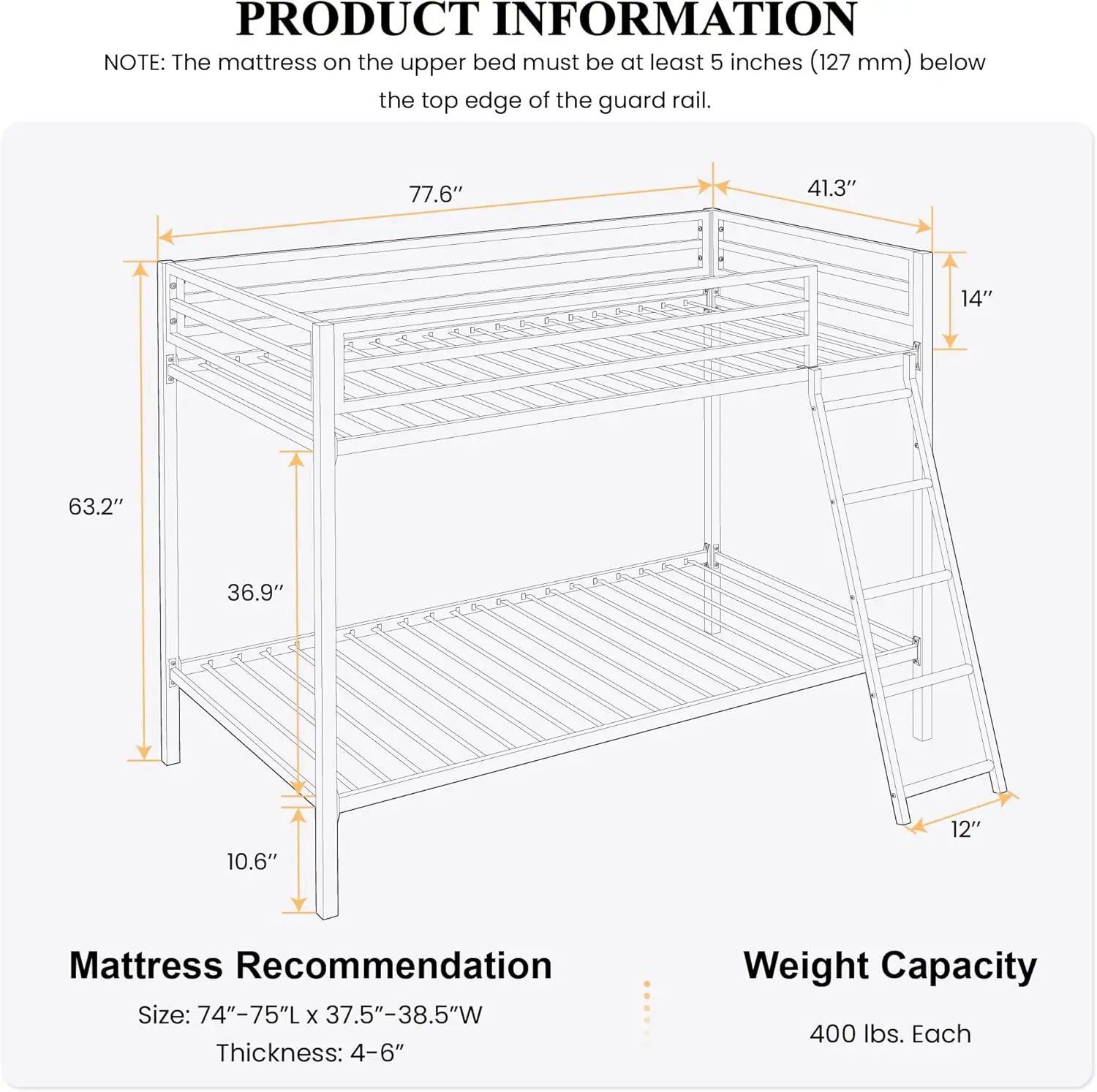 CERLIN Twin Over Twin Metal Bunk Bed for Juniors, Industrial Twin Bunk Beds Frame with Inclined Stairs & Full-Length Guardra