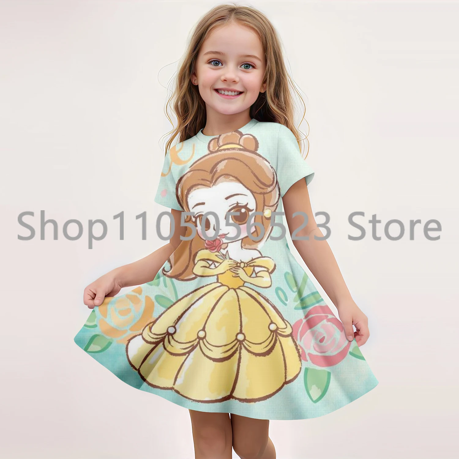 

2025 Summer New Princess Kids Casual Fashion Cute Princess 3D Print Crew Neck Short Sleeve Comfortable Princess Dress