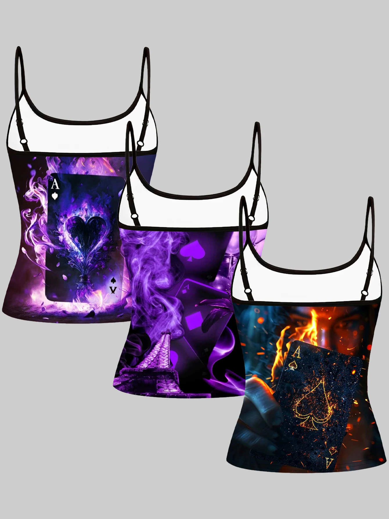 3-Piece Set of Poker Card a Flame Print Camisole for Women, Dark Style Digital Print Slim Fit Sleeveless Inner Top