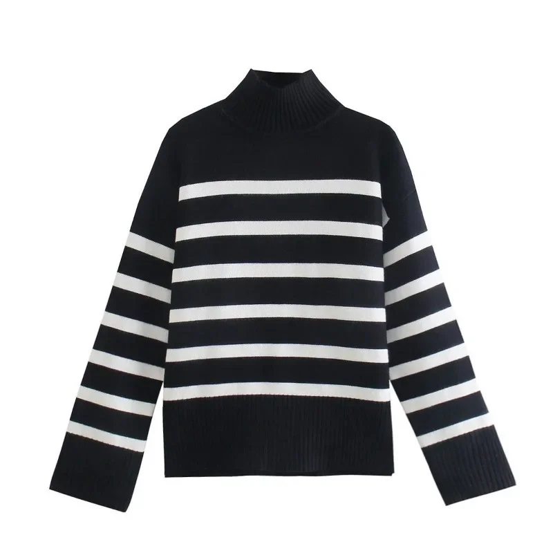 BWQ Winter Black And White Stripe Sweater Women Streetwear Loose Pullover Jumper Tops Long Sleeve Turtleneck Knitted Sweaters