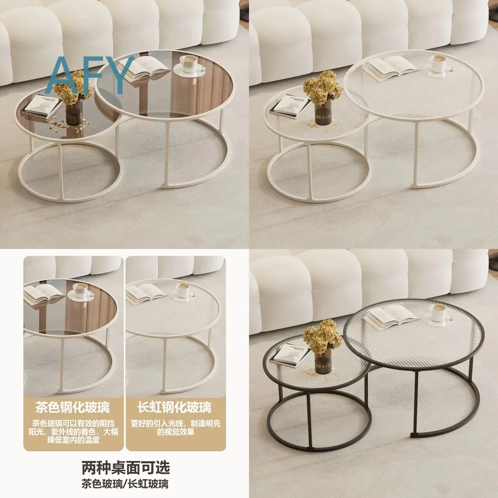 Glass Coffee Table for Modern Living Room Bedroom Balcony Small Space Home Decor Creative Round Cream White Instagram Style