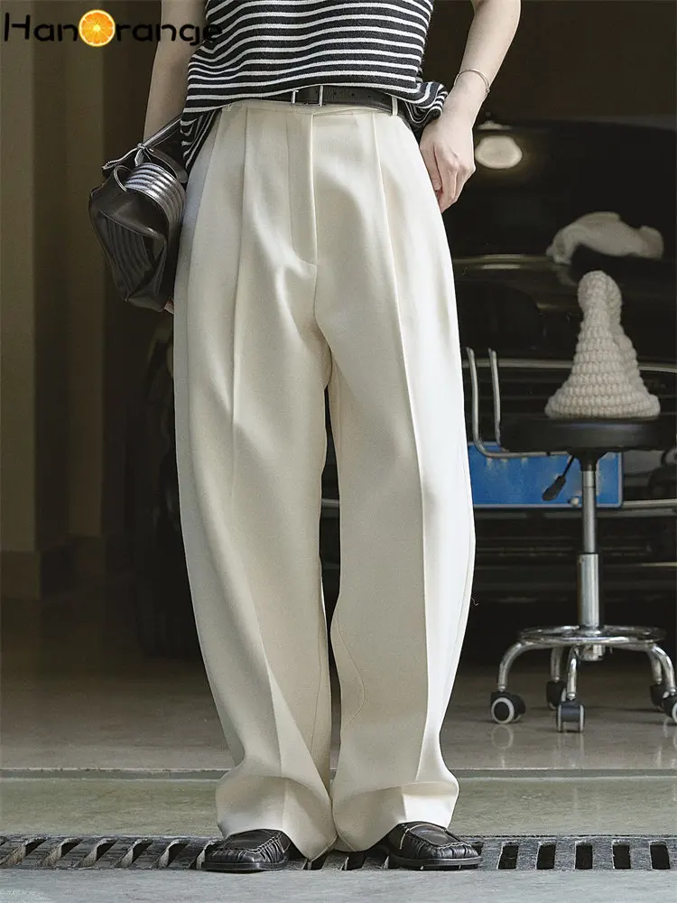 HanOrange 2024 Autumn Winter Vintage Casual Wide Leg Pants Women Loose Adjustable Leg Opening Simple Trousers Female Black/Beige