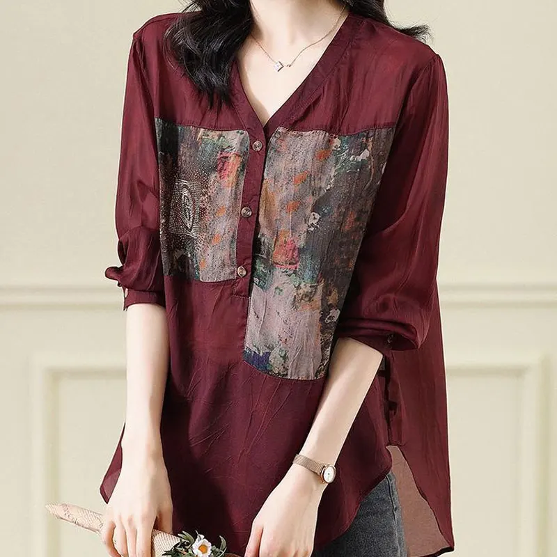 Fashion Loose Printed Spliced Blouse Burgundy Casual Commute V-Neck Button Women\'s Clothing Korean 2023 Spring Long Sleeve Shirt