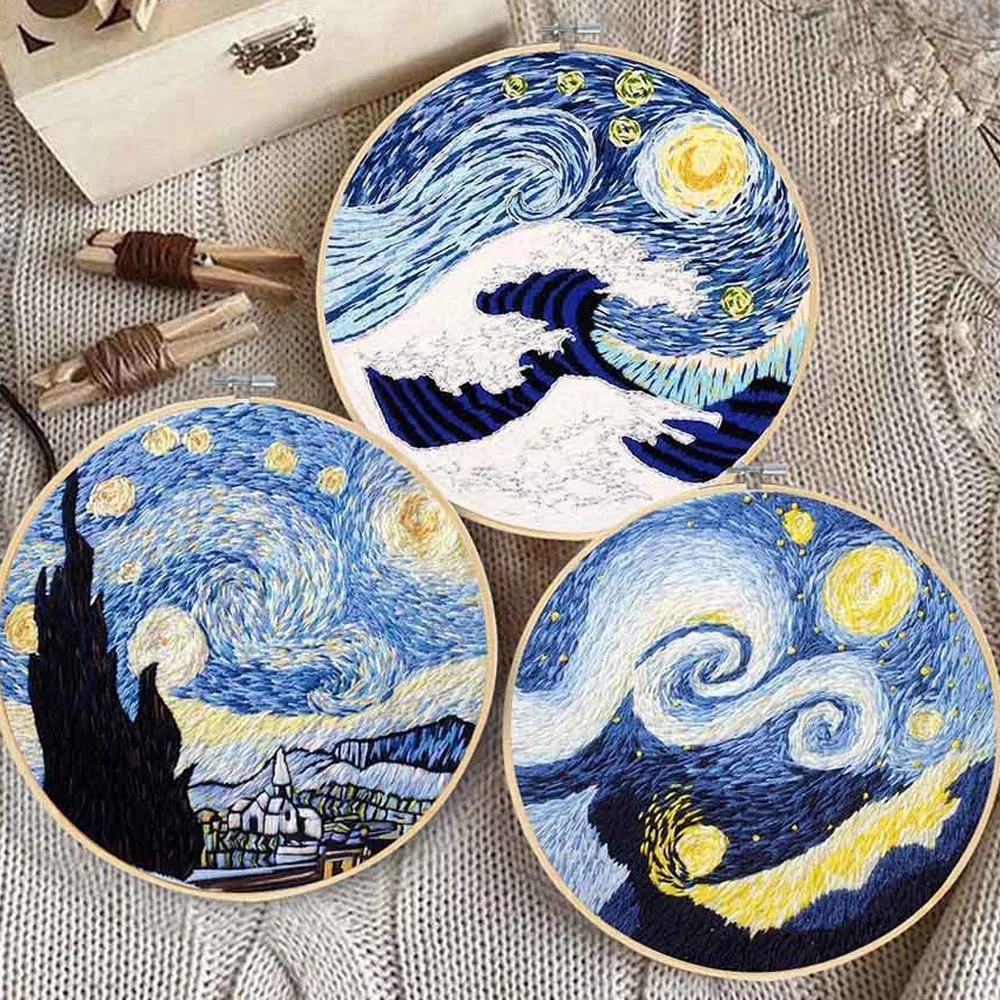 DIY Stamped Embroidery Starter Kit with Landscape Pattern Cloth Color Threads Tools(without hoop) Sewing Art Craft Home Decor