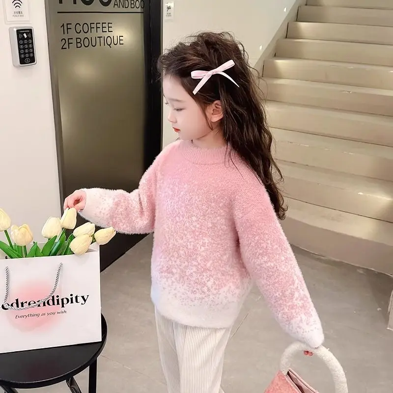 【2025 New】Girl's Thick Fleece-Lined Mink Fur Sweater Autumn Winter Child Toddler Base Layer Crew Neck Pullover Knit