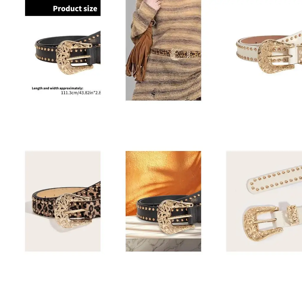 

A52E Rivet Studded Belt Metal Carved Buckle Belt with Leopard Print for Jeans Pants