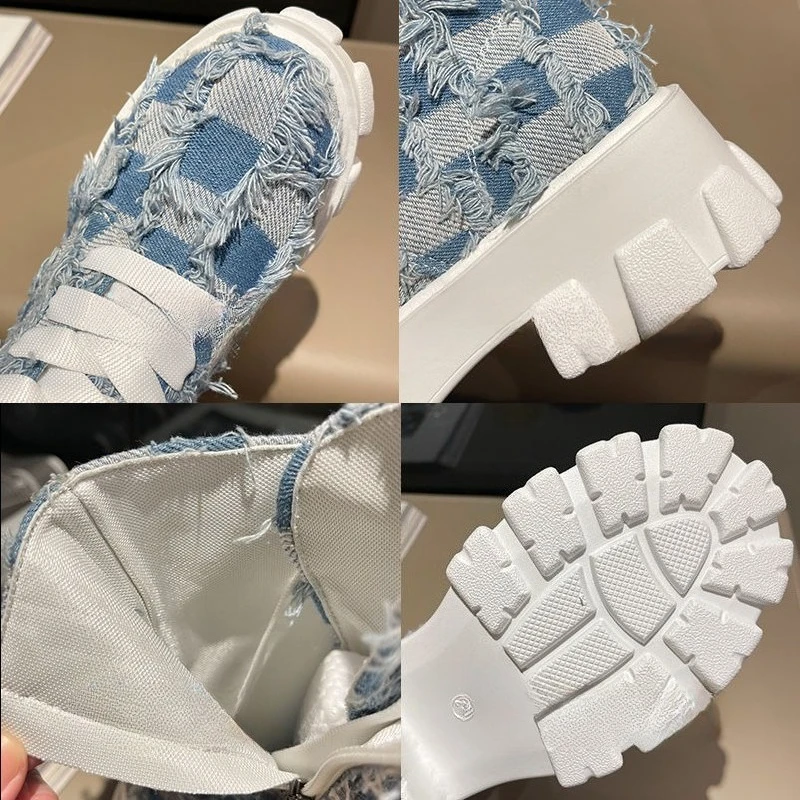 Woman Denim Boots Autumn Korean Fashion Platform Boots Classics Chessboard Pattern Laced Up Rubber Cowboy Shoes for GIRLS Cheap
