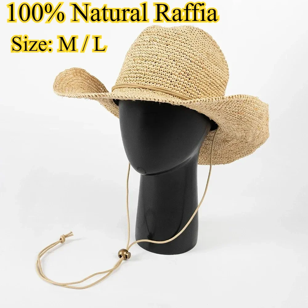 

100% Natural Raffia Black Cowboy Hat with String Hand Crochet Beach Sun Hats for Man Women Foldable Straw Hat for Man Fedora