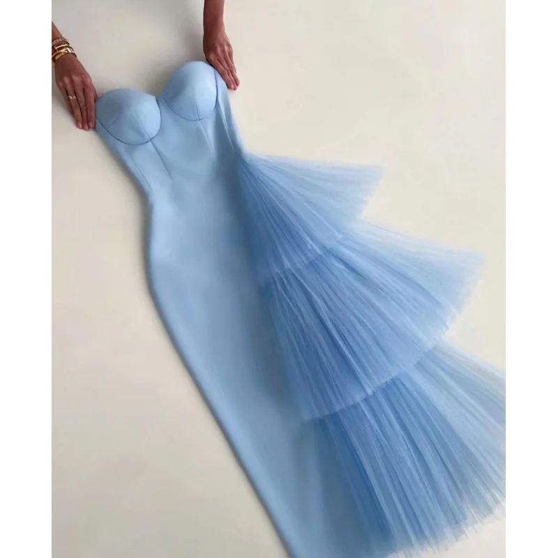 

Новинка лета 2025 года, облегающее элегантное длинное платье без бретелек во французском стиле с бандажным дизайном из многослойной сетки