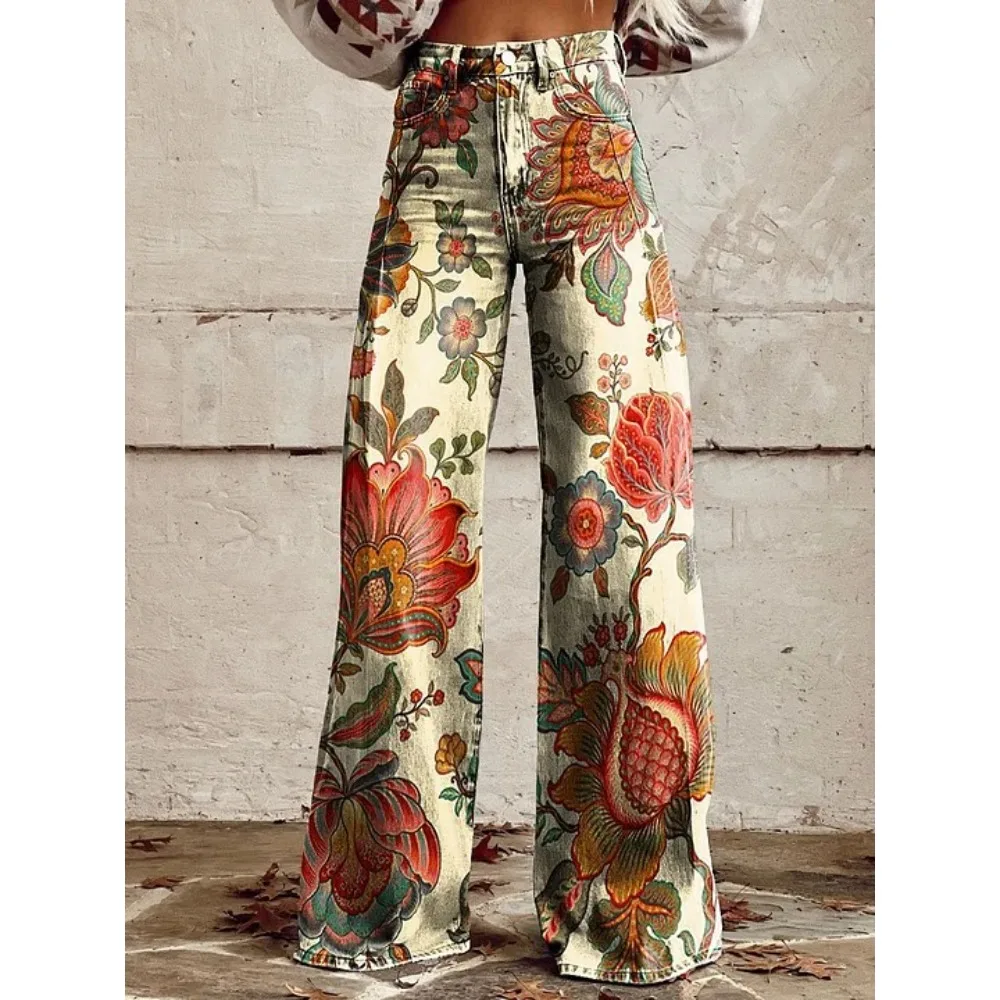 Vintage Paisley Blumenmuster Hohe Taille Weite Hose Sexy Damenhose 100% Baumwolle Lässige Lockere Hose mit Taschen XXS-3XL – Detail 17