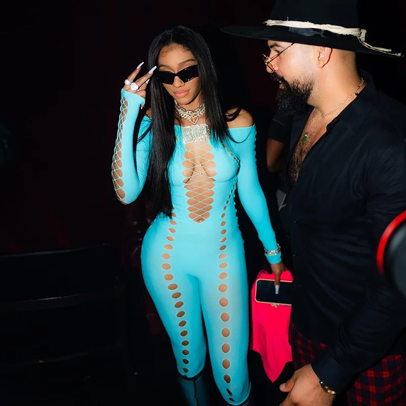 

Slash Neck Long Sleeve Solid Cut Out See Through Sexy Bodycon Jumpsuit 2022 Autumn Evening Party Club Y2K Biker Romper